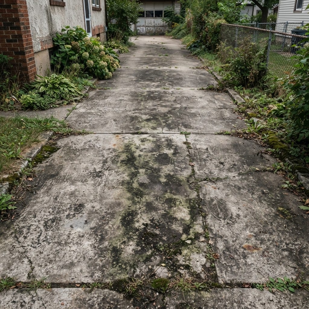 Stained concrete driveway with algae and grime before pressure washing