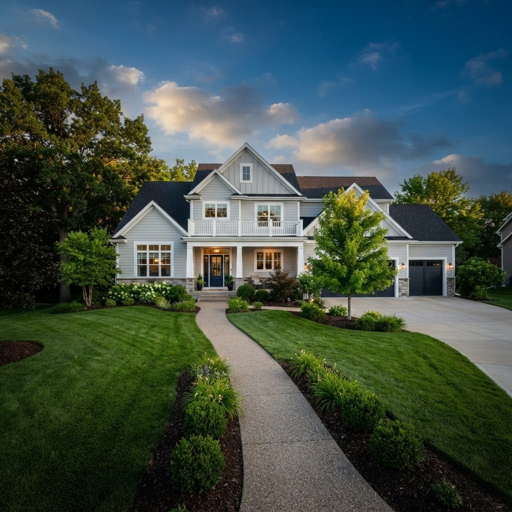 Freshly pressure washed two-story Nebraska home with clean siding and a green lawn